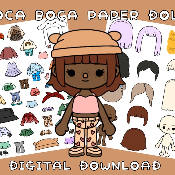 Afdrukbare Toca Boca papieren poppen en kleding / aankleedpop / activiteit voor kinderen / rustige boekenpagina