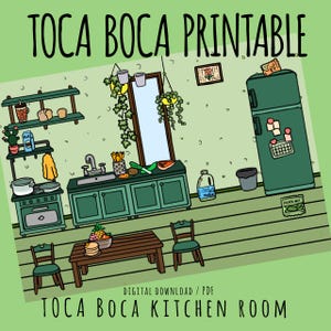 Printable Toca Boca Paper Doll Green Kitchen Room / Toca Boca Kitchen / Quiet book pages / Printable room for paper dolls