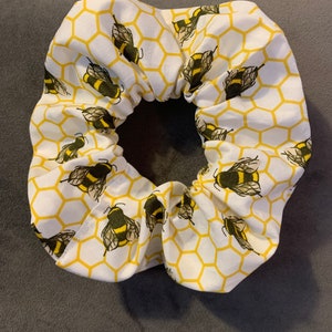 Handmade bumble bee and honeycomb hair scrunchie, bee hair accessories, bee gifts for her