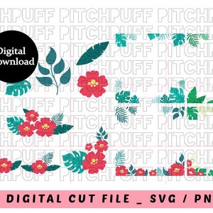 Tropical Clipart SVG PNG | Summer Frames |  Borders | Hibiscus | Leaves | Digital Cut File | Printable Stickers | Instant Download