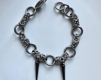 Double Spike Stainless Steel Chainmaille Bracelet - Handmade Woven Jewelry