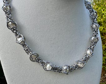 Handmade Stainless Steel Pearl Chainmaille Necklace