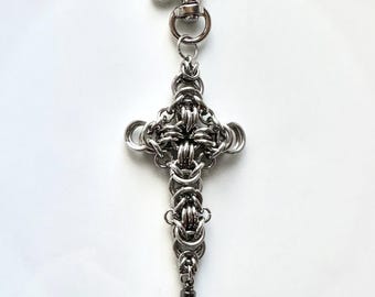 Cross Kitty Chainmaille Keychain in Stainless Steel | Chainmaille Jewelry | Gift for Cat Lovers