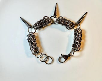 Spiky Stainless Steel Chainmaille Bracelet - Handmade Woven Jewelry