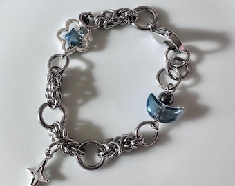 Bedelarmband met kralen, sterren en maan van roestvrij staal | Sieraden met kralen