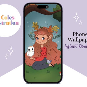 Handy Wallpaper Wald Elf Magie Freunde Handy Wallpaper niedlich Illustration Wallpaper Kunst Elfe und Eule Handy Wallpaper Sofort Download