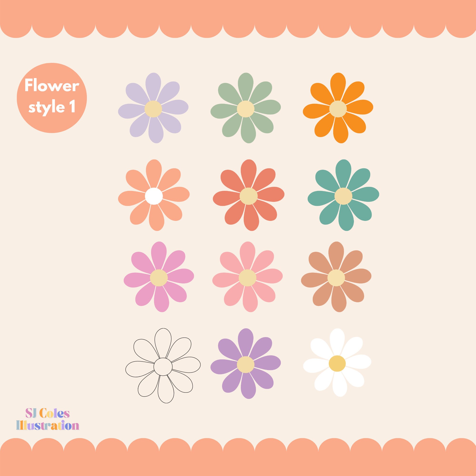 Retro Flowers Clipart Bundle, Instant Download cute Boho Daisy PNG ...