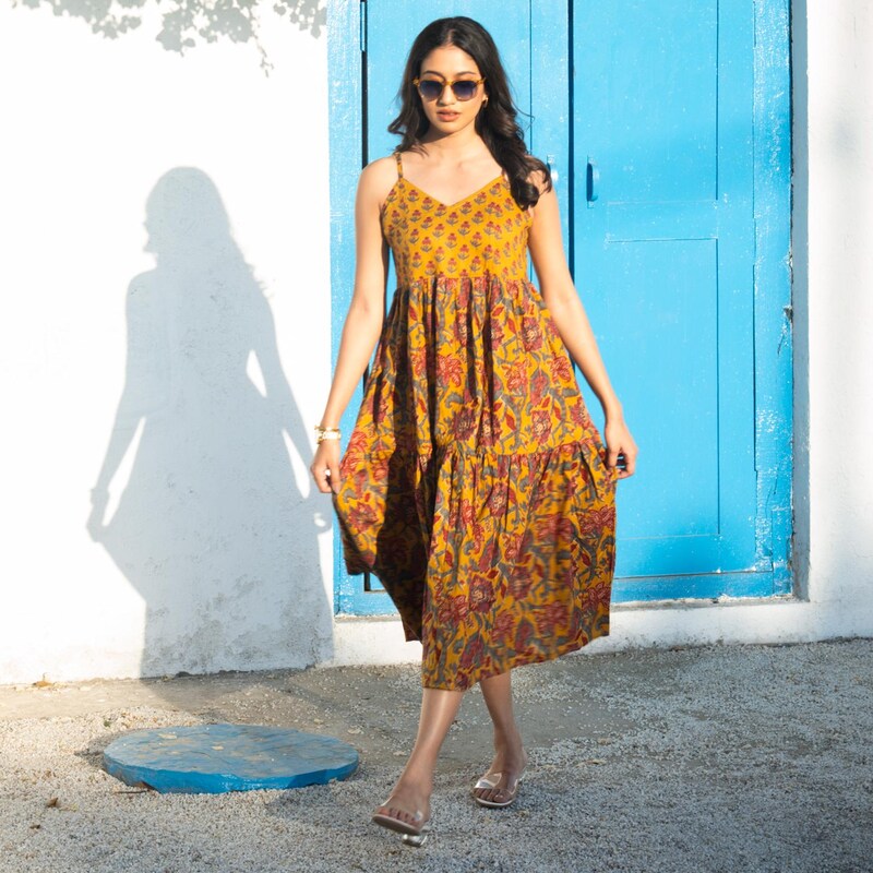 Summer Midi Dress, With Yellow Flowers Printed