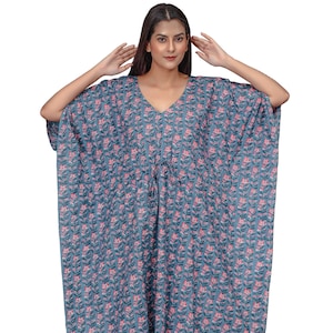 Blue Print Dress Women Floral Cotton Kaftan Lightweight Boho Summer Caftan Handmade Breathable Indian Vacation Dress