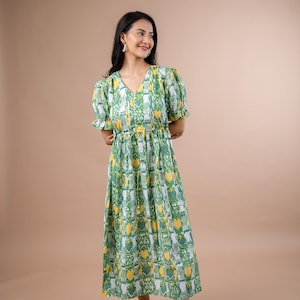 Green Cotton Midi Dress, Hand Block Floral Printed Tunic, Unique Summer Dress, Breathable Indian Ethnic Wear Gift for Her, Casual Boho Style