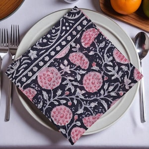 Flower Printed Table Napkin 100% Pure Cotton Napkin, Eco Friendly Reusable Cloth Napkins, Hand Printed Table Décor Napkin Set