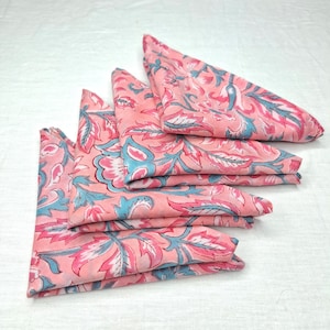 Pink Flower Print Napkin Set Hand Block Printed Table Cloth Dinner Napkins Eco Friendly Soft Cotton  Cocktail Party Napkin Home Decor