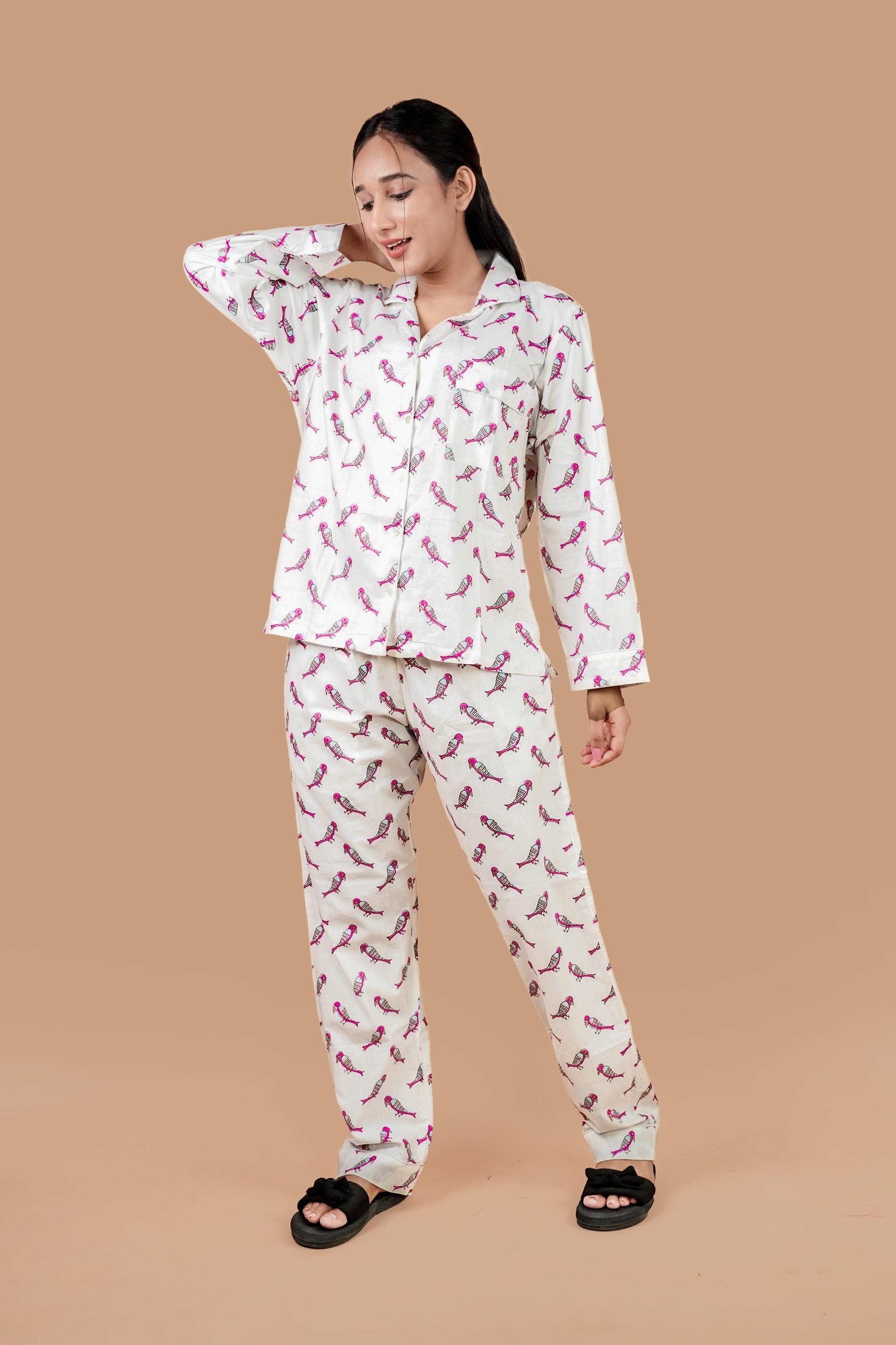 White Cotton Pajama Set Hand Block Parrots Printed Indian Dress Long ...
