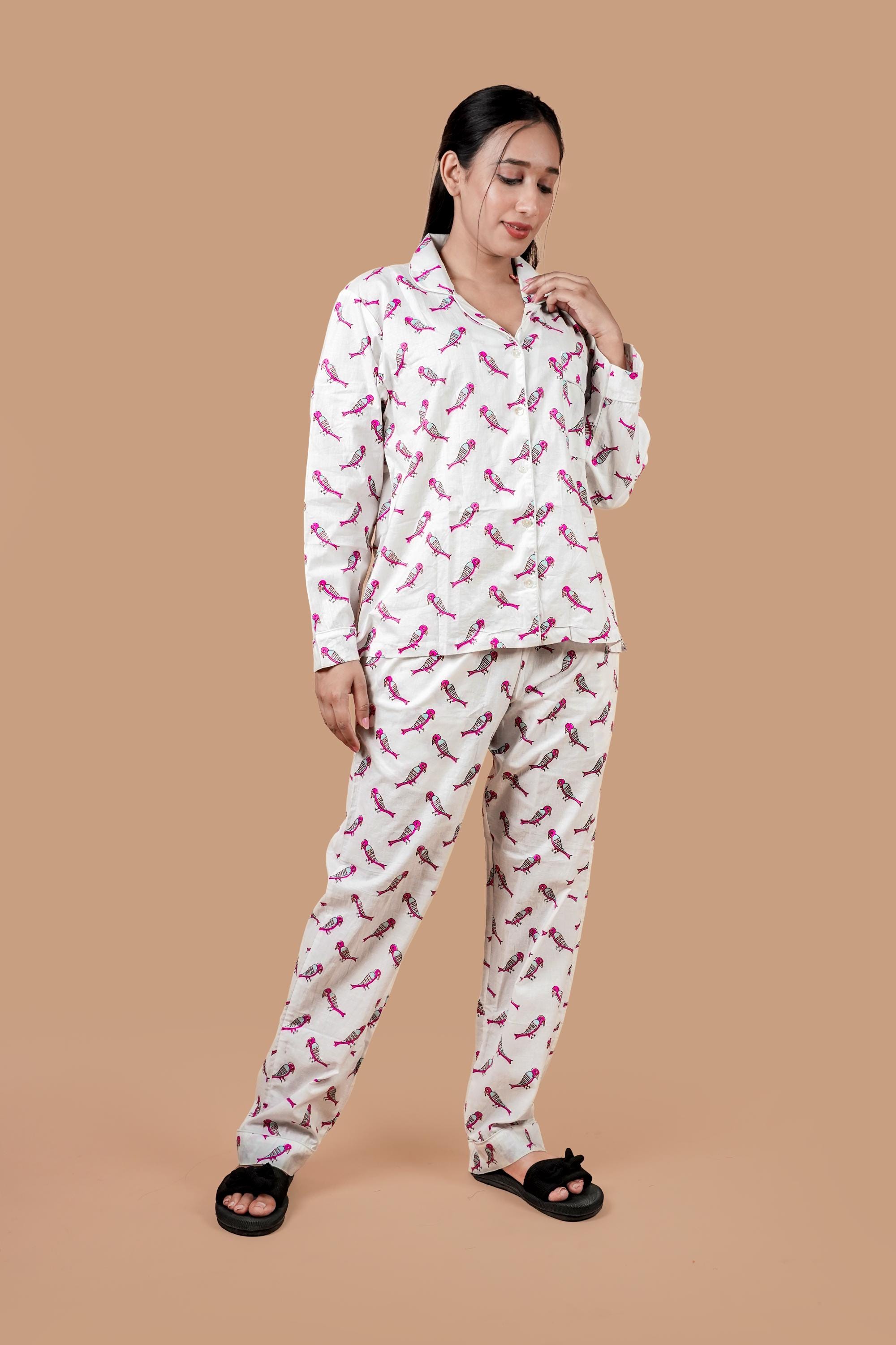 White Cotton Pajama Set Hand Block Parrots Printed Indian Dress Long ...