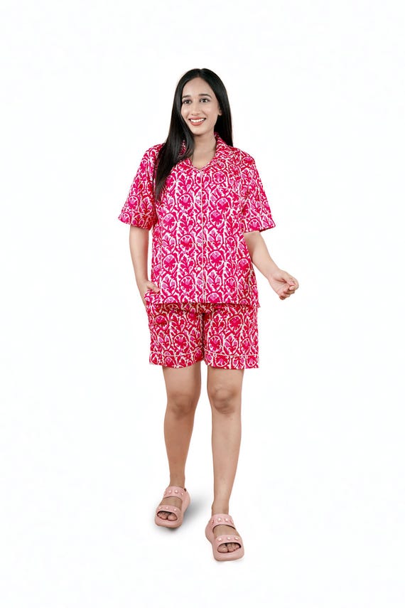 Cotton PJ Set for Women Hand Block Flower Print Summer Nightwear Short Sleeve Top and Shorts Breathable & Comfortable