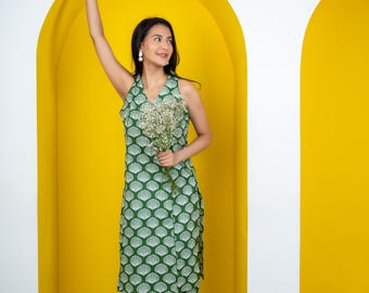 Green Printed Cotton Kurta Pajama Set Sleeveless Indian Ethnic Summer Dress Comfortable Traditional Wear