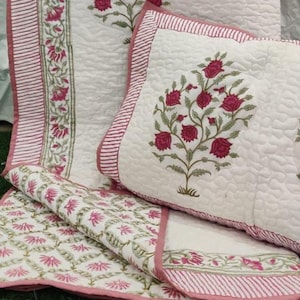 Hand Block Printed Cotton Quilt Set with Pillow Cover - Soft Summer Jaipuri Bedspread, Cozy Indian Comforter, All Season Lightweight Quilt