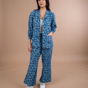 レディース用ブループリントコットンシャツジャケット＆パンツセット、軽量2ピースドレス、彼女への快適なギフト