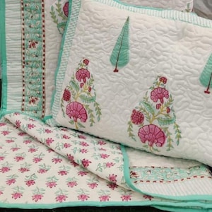 Floral Print Double Sided Cotton Quilt With Pillow Cover Handmade 100% Pure Cotton Bed Cover, Wedding Gift Bedding Set