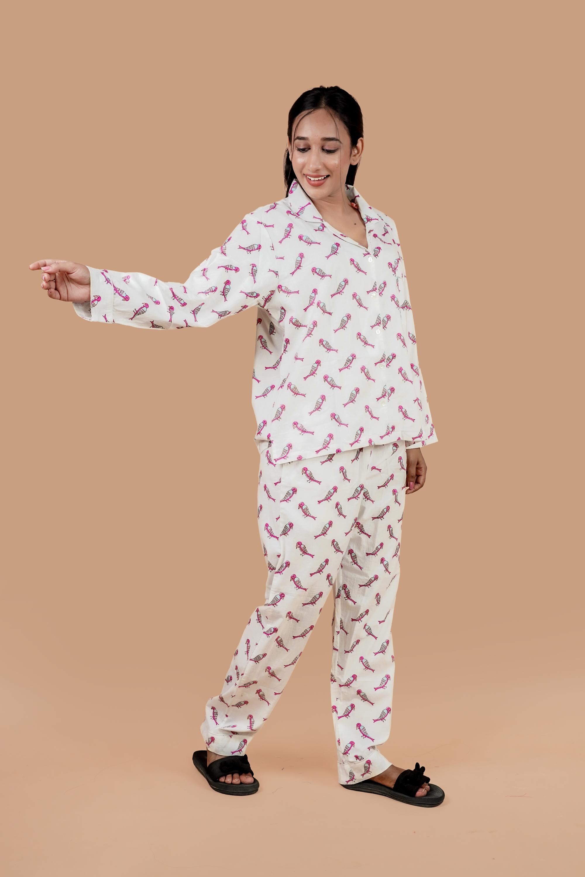White Cotton Pajama Set Hand Block Parrots Printed Indian Dress Long ...