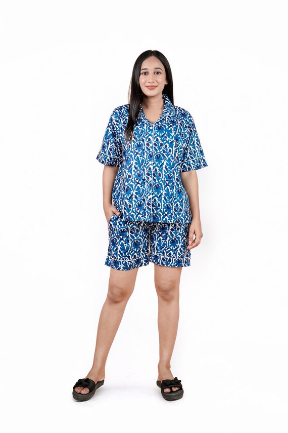 Handmade Floral Printed Cotton PJ Set For Women Half Sleeve Shirt With Short Pajama Lightweight Night Wear Dress
