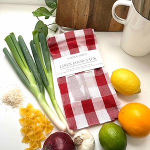 Red Gingham Linen Food Sack - square bottom design