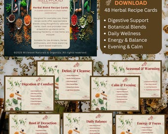 Tarjetas de recetas de mezclas de tés de hierbas / 48 recetas botánicas (descarga digital)