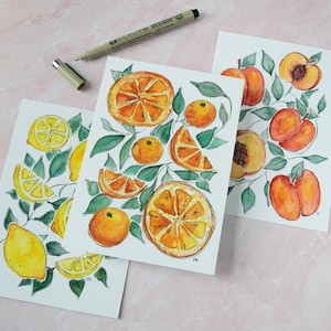 Fruit Art - Watercolor Fruit - Lemons Art - Peaches Art - Oranges Art - Kitchen Wall Decor