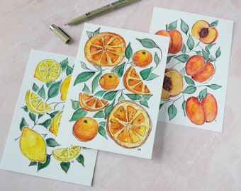 Fruit Art - Watercolor Fruit - Lemons Art - Peaches Art - Oranges Art - Kitchen Wall Decor