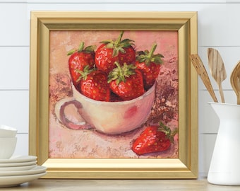 Mini Oil Painting Strawberries in Cup, Small Art Framed, Hand Painted Miniature Oil Painting, Wood Boho Framed Artwork, Gift New Home