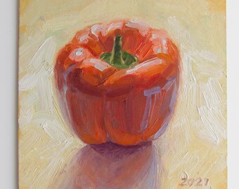 Red Pepper Oil Painting, Original Still Life Kitchen Art, 8x8