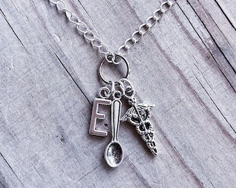 Spoonie Warrior Necklace Spoon Caduceus Custom Letter Charm Chronic Illness Awareness Jewelry Gift