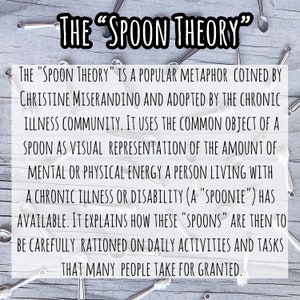 May include: A graphic with the text "The "Spoon Theory"" and an explanation of the theory, which uses spoons as a visual representation of the amount of energy a person with a chronic illness or disability has available. The spoons are scattered on a wooden surface.