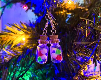 Christmas Spoonie Tiny Xmas Red and Green Pill Medicine Jar Hanging Dangle Drop Earrings Spoon Theory Spoonie Warrior Gift Chronic Illness