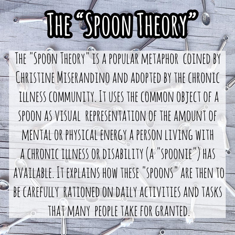 Puede incluir: Un gr&aacute;fico con el texto "The "Spoon Theory"" y una explicaci&oacute;n de la teor&iacute;a, que utiliza cucharas como representaci&oacute;n visual de la cantidad de energ&iacute;a que una persona con una enfermedad cr&oacute;nica o discapacidad tiene disponible. Las cucharas est&aacute;n esparcidas sobre una superficie de madera.