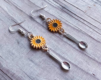 Boucles d'oreilles pendantes pendantes cuillère en argent cuillère tournesol suspendues théorie de la cuillère handicap caché cadeau guerrier Spoonie maladie chronique