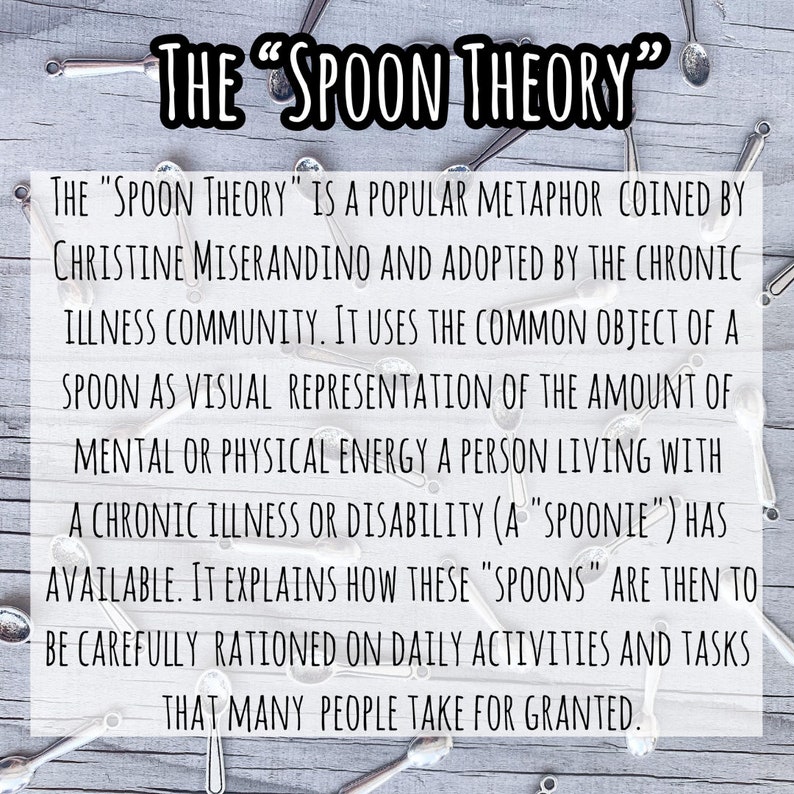 May include: The "Spoon Theory" is a popular metaphor coined by Christine Miserandino and adopted by the chronic illness community. It uses the common object of a spoon as a visual representation of the amount of mental or physical energy a person living with a chronic illness or disability (a "spoonie") has available. It explains how these "spoons" are then to be carefully rationed on daily activities and tasks that many people take for granted.