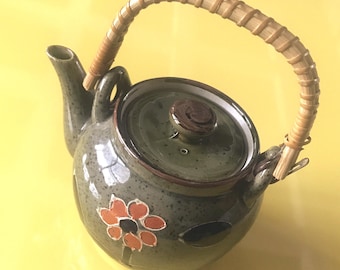 Hand Painted Orange Floral & Leaf Motif Vintage Japanese Style Stoneware Teapot with Rattan Handle