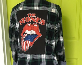 Rolling STONES Long Sleeve Green & Blue Plaid Button Down Upcycled Mash Up Shirt size Medium (M)