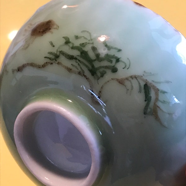 Vintage Asian rice /noodle  bowl hand painted flower motif on jade green background