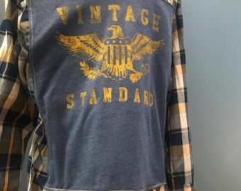 Blue & Yellow Plaid Long Sleeve Button Down Shirt Upcycled with Vintage Motorcycle Logo T-Shirt