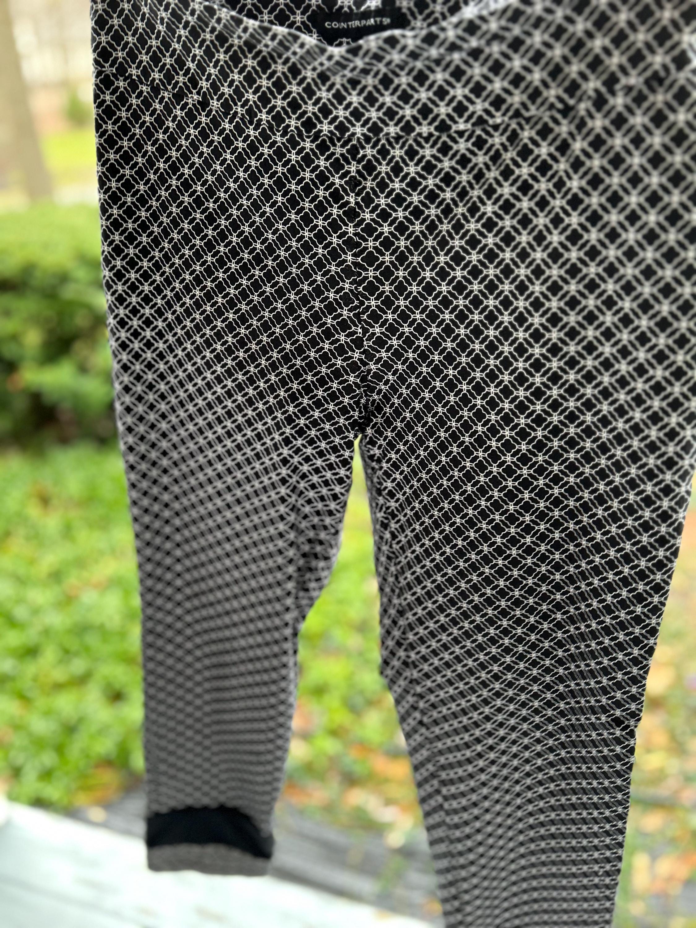 Black & White Clover Patterned Mash Up Pants With Pencil Leg; Two Fabrics Merged Together Size Medium (M)