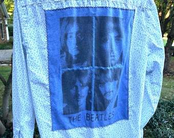 The Beatles Upcycled Old Navy Blue Floral Print Long Sleeve Mashup Ladies Size Medium (M)