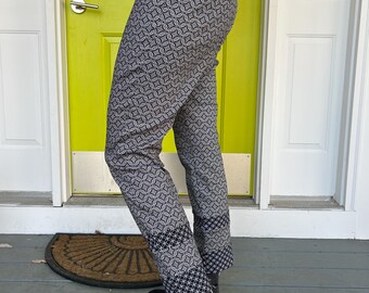 Black & White Diamond Patterned Mash Up Pants With Pencil Leg; Two Fabrics Merged Together  Size Medium (M)