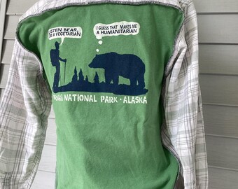 Cream & Green Plaid Flannel Long Sleeve Button Down Shirt Upcycled with Humorous Green T-Shirt &quot;Vegetarian Meets Humanitarian&quot; Size Medium