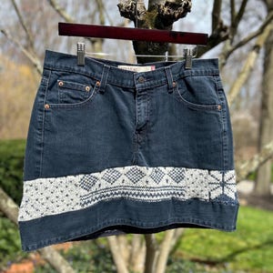 Levis 515 Dark Blue upcycled Jeans merged with Gray wool snowflake Ski sweaters size Large (L)