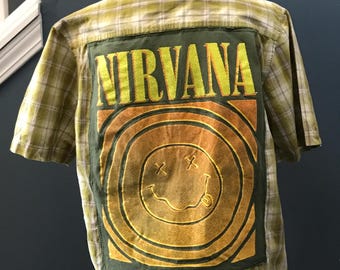 NIRVANA Short Sleeve Green Plaid Button Down T-Shirt Upcycled Mash Up Size Medium (M)