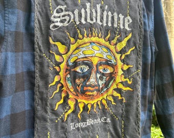 SUBLIME Long Sleeve Black & Blue Weatherproof Plaid Button Down Upcycled Mash Up Shirt size Medium (M)