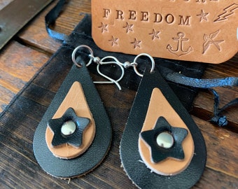 Rock style upcycled leather large teardrop earrings with stars