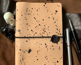 Rock n Roll, hand made, ink splatter reusable A5 leather journal cover